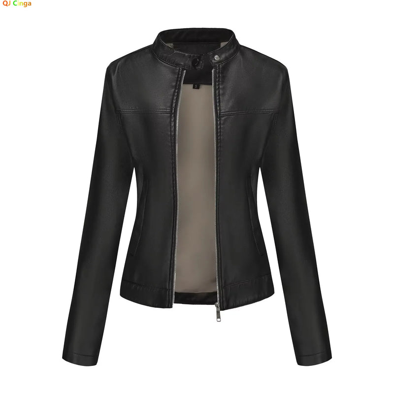 2026 New Women's Black Fitted Leather Jacket with Front Zipper & Side Pockets‌, Available in Brown, Navy Blue, and Beige.