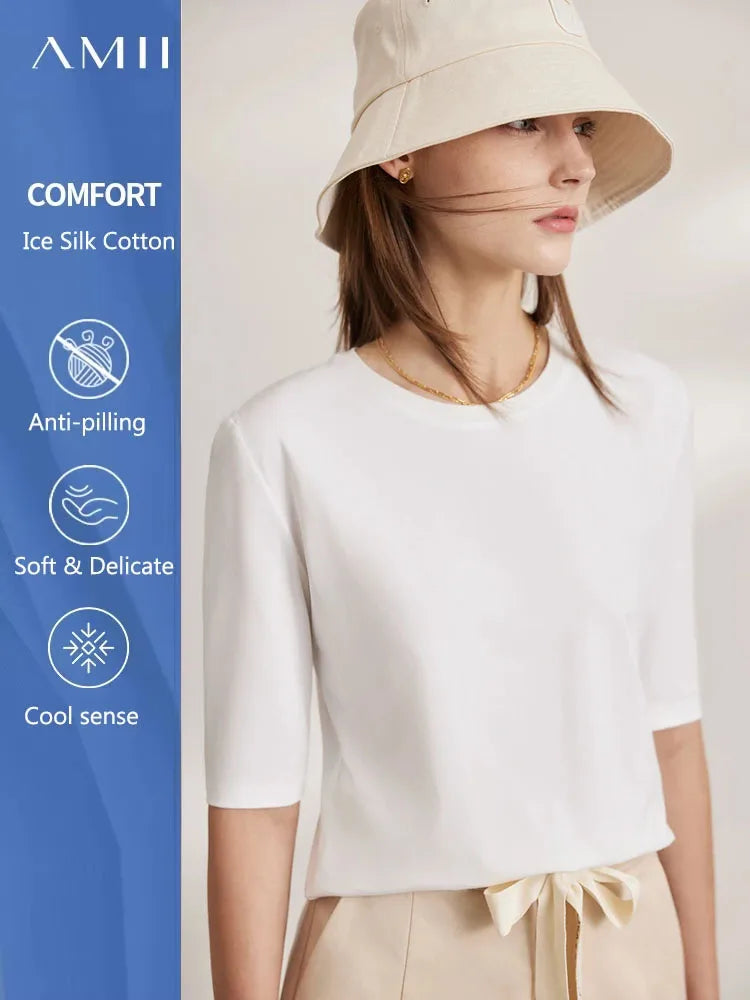 អាវយឺត AMII Minimalism រដូវក្តៅ 2026 សម្រាប់ស្ត្រី អាវកប្បាសថ្មី លាត ដៃអាវពាក់កណ្តាលត្រង់ មូលដ្ឋានរឹង អាវការិយាល័យសម្រាប់នារី 12412016