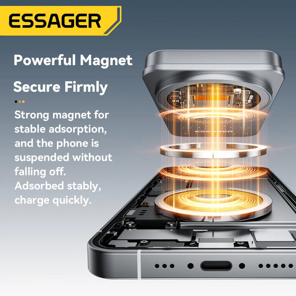 ឆ្នាំងសាកឥតខ្សែ Essager 2-in-1 Qi2 15W ជើងទម្រសាកថ្មឥតខ្សែម៉ាញេទិកសម្រាប់ iPhone 17 16 15 14 Pro AirPods iWatch 8 9 ឆ្នាំងសាក