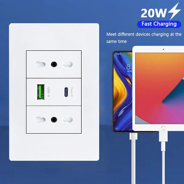 រន្ធដោតជញ្ជាំង USB ប្រភេទ C ពណ៌ស/ខ្មៅ បង្កប់នៅប្រទេសអ៊ីតាលី ឈីលី បន្ទះថាមពល 16A អាដាប់ទ័ររន្ធសាកថ្មលឿនប្រភេទ C ឆ្លាតវៃ 20W