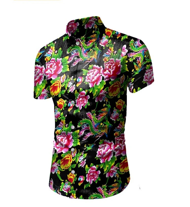 2026 Chinese Style Bright Men's Red Print Long Sleeve Shirt, Single Breasted Lapel Shirts, Green Black Fashion Casual Camisa