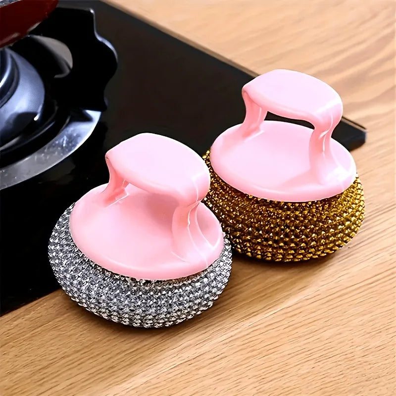 2pcs Stainless Steel Cleaning Ball BrushWire Cleaning Balls with Ergonomic Sponge Handles,Kitchen And Home Cleaning.