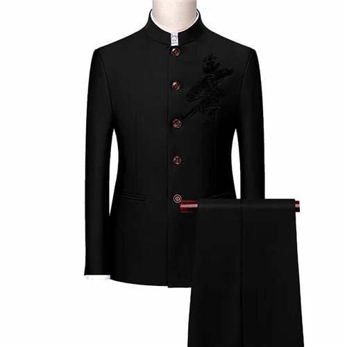 Men's White Stand Collar Chinese Style Slim Fit Two Piece Suit Set / Men Zhong Shan Blazer Jacket Coat Pants Trousers 2 Pcs 7XL