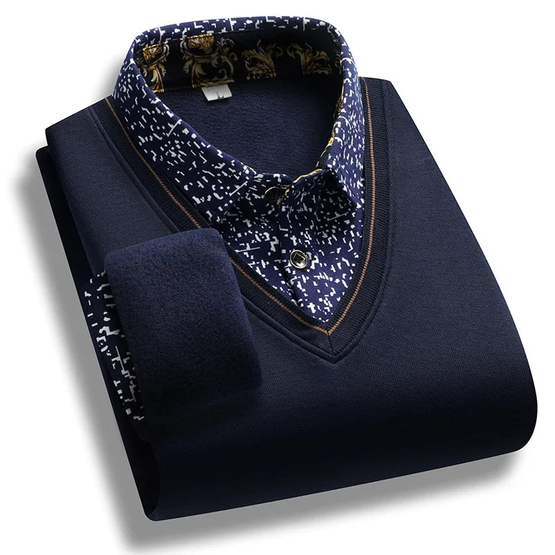 V Neck Piping Detail Fake Two Piece Shirt Men Fleece Lined Printed Collar Long Sleeve Travel and Family Gathering Wear