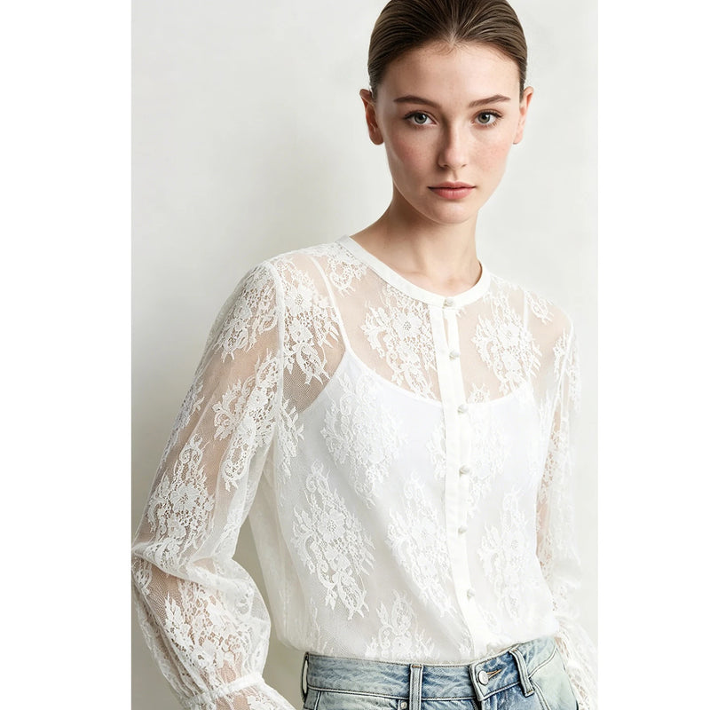 Amii Lace Women's Blouse 2026 Autumn Crew Neck Sheer Long Sleeve Tops For Woman Lightweight Breathable Vacation Shirt 12643002