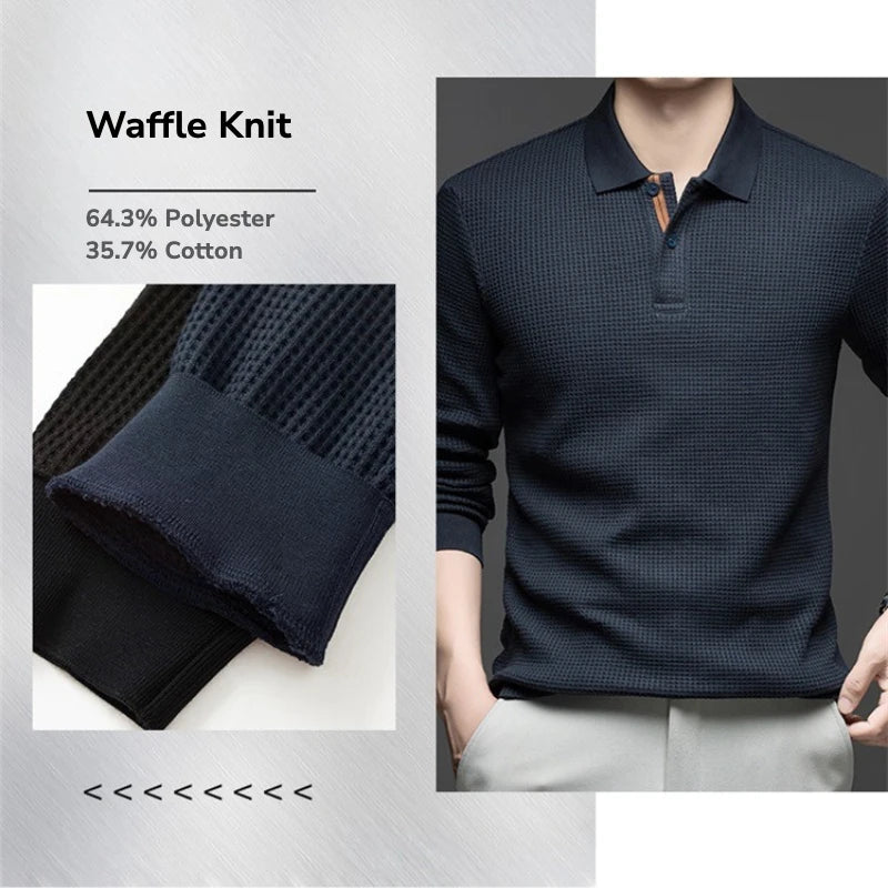 Men's Long Sleeve Waffle Knit Polo Shirt – Soft Cotton Blend, Slim Fit, Casual Business Top for Autumn Winter, Multi-Color