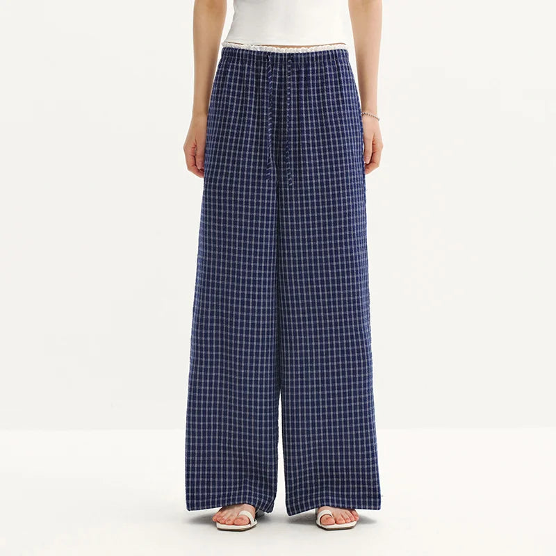 Semir Women Pants Plaid 2026 Textured Ruffle Trim Wide Leg Urban Casual Everyday Style Soft Comfortable Daily Wear Trendy