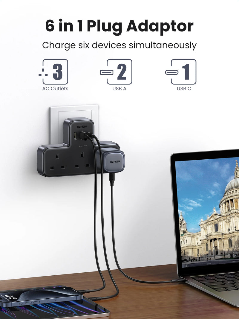 UGREEN UK Plug Power Strip Outlet Extension Adapter For iPhone 17 16 Pro Max Xiaomi Wall Fast Charger AD DC Travel Adapter