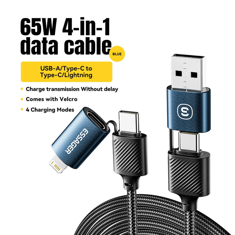 ខ្សែសាក USB Essager 4 ក្នុង 1 ប្រភេទ C 65W PD សាកលឿន ខ្សែ Type C ដល់ Type C សម្រាប់ iPhone 16 15 14 Pro Max iPad HUAWEI Xiaomi