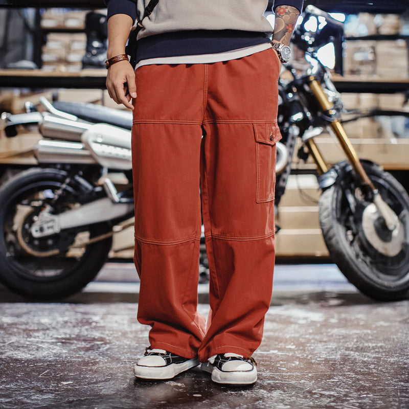 Maden Men's Retro Utility Cargo Pants Red Straight Joggers with Drawstring Waist Elastic Cuffs Multi-Pocket Trousers for Spring
