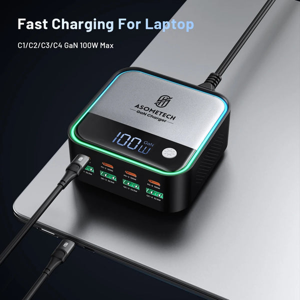 ស្ថានីយសាកថ្មលឿន GaN USB C ចំនួន 8 រន្ធ អេក្រង់ LED 4 រន្ធ ប្រភេទ C PD 100W SCP 22.5W សម្រាប់ iPhone 15 Samsung ថេប្លេត Macbook