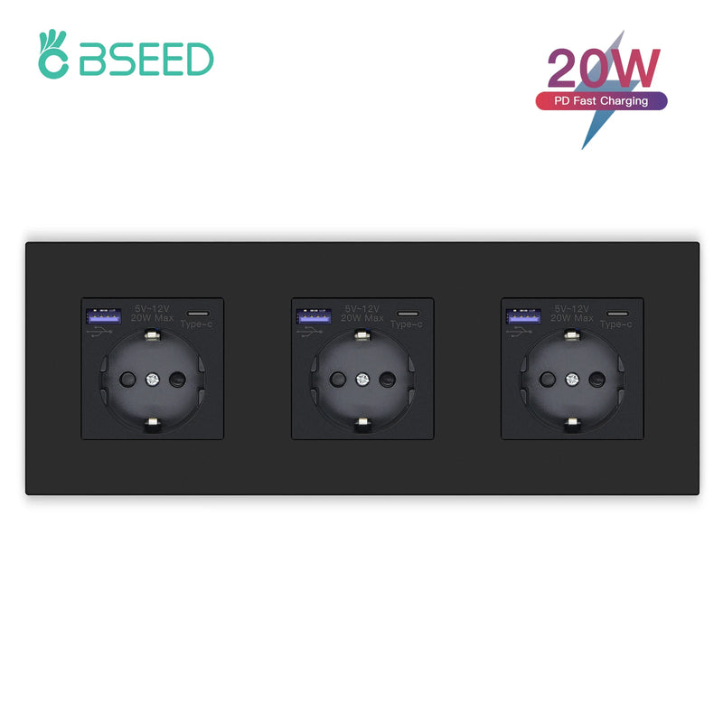 BSEED EU Standard Wall Socket Single Power Outlets USB Type-C Port 20W Fast Charge Plastic Panel Triple Electric Plugs 16A