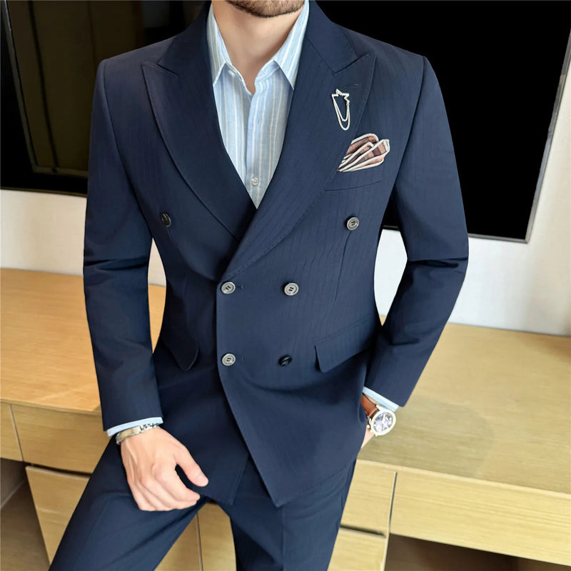 Men's Two-Piece Suit Set ( Jacket + Pants ), Dark Stripe Notched Lapel Double-Breasted, Wedding Business Formal Bridegroom