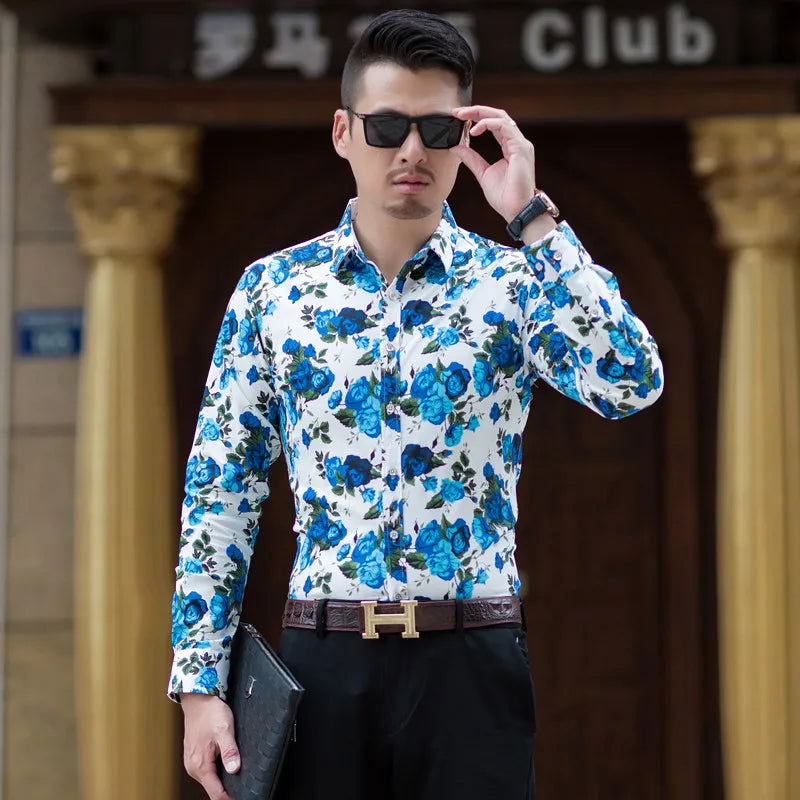 2026 Spring Men's White Long-Sleeve Printed Shirts, Blue Single-Button Collar Stretch Cotton Shirt, Asian Sizes M-5XL, 6XL, 7XL.