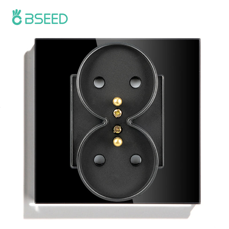 BSEED French Standard Single Wall Power Sockets Double Sockets Dual Electrical Outlets Glass Panel Children Protection 16A