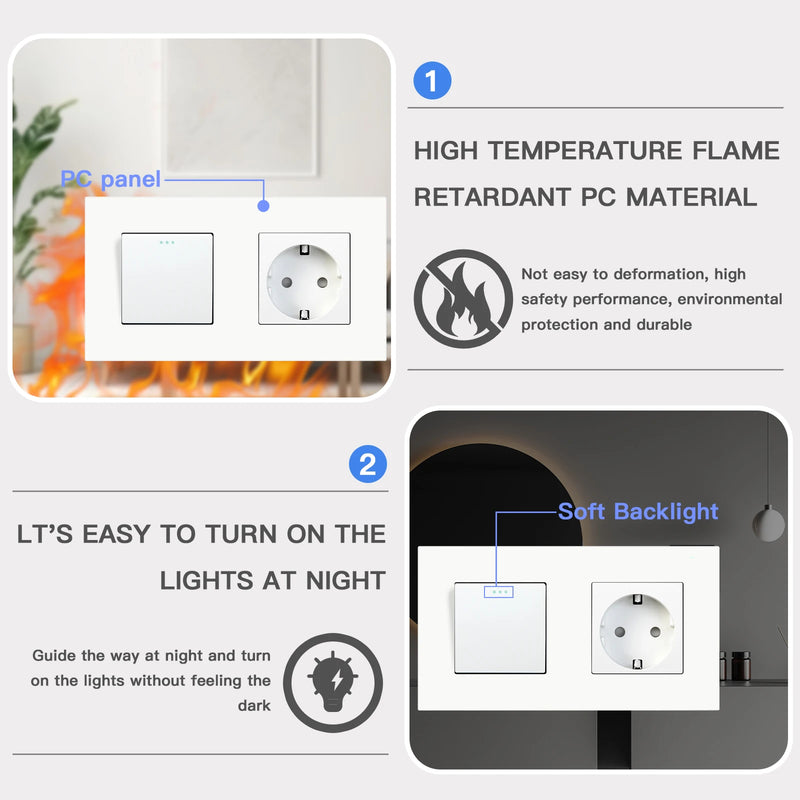 BSEED EU Mechanical Wall Light Switch With Wall Socket 1/2/3Gang 1Way Plastic Panel Double Sockets Triple Power Outlets 250V