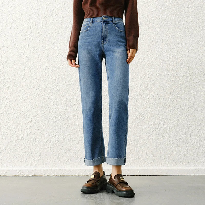Semir Soft Jeans Women Raw Hem Straight Leg Egg Roll Pants Leg Slimming Trousers 2026 Spring Fashion Casual Bottoms