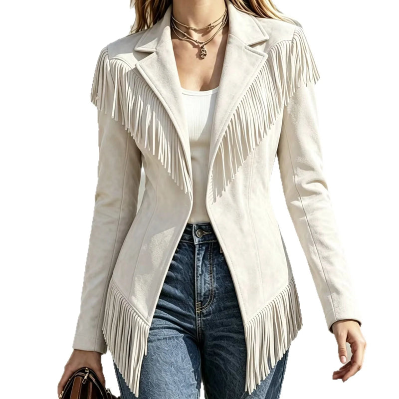 Lightweight Women's Long-sleeve Collared Jacket with Fringe Detailing; Available in Black, Red, Green, Khaki, Beige, Blue, Gray.