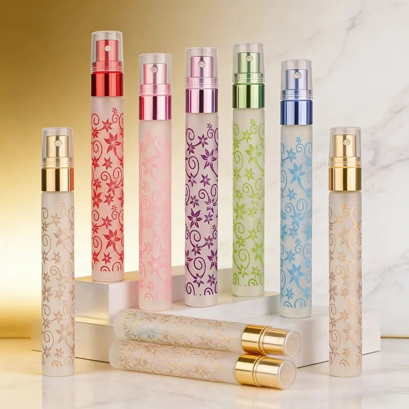 3pcs 10ml Exquisite Frosted Printed Spray Bottles,Portable Travel Perfume Atomizer Bottles,Travel Essential, Random color.