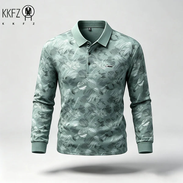 Mens Turn Collar Polo Long Sleeve Tops Premium Printed Material Button Closure Small Logo Decoration Male Clothing