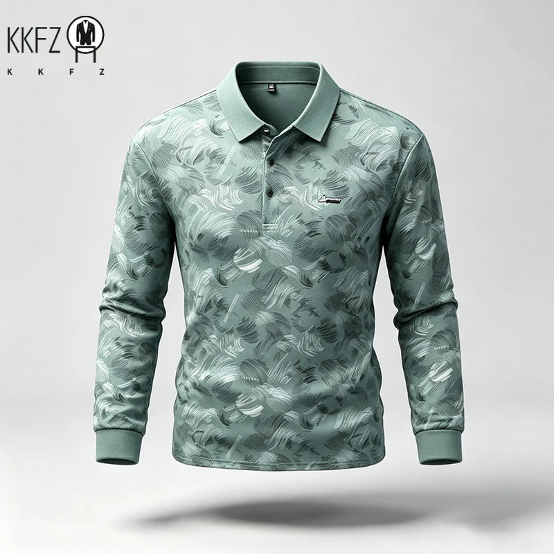 Mens Turn Collar Polo Long Sleeve Tops Premium Printed Material Button Closure Small Logo Decoration Male Clothing