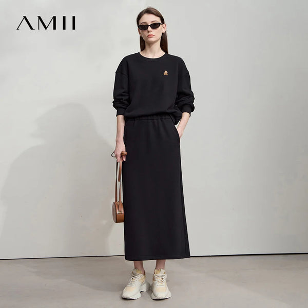AMII Minimalist Woman Sets Two Pieces 2026 Autumn Little Bear Embroidered Sweatshirt Split Skirts Sports Casual Sets 12523042