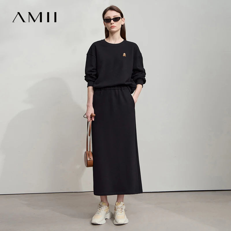 AMII Minimalist Woman Sets Two Pieces 2026 Autumn Little Bear Embroidered Sweatshirt Split Skirts Sports Casual Sets 12523042