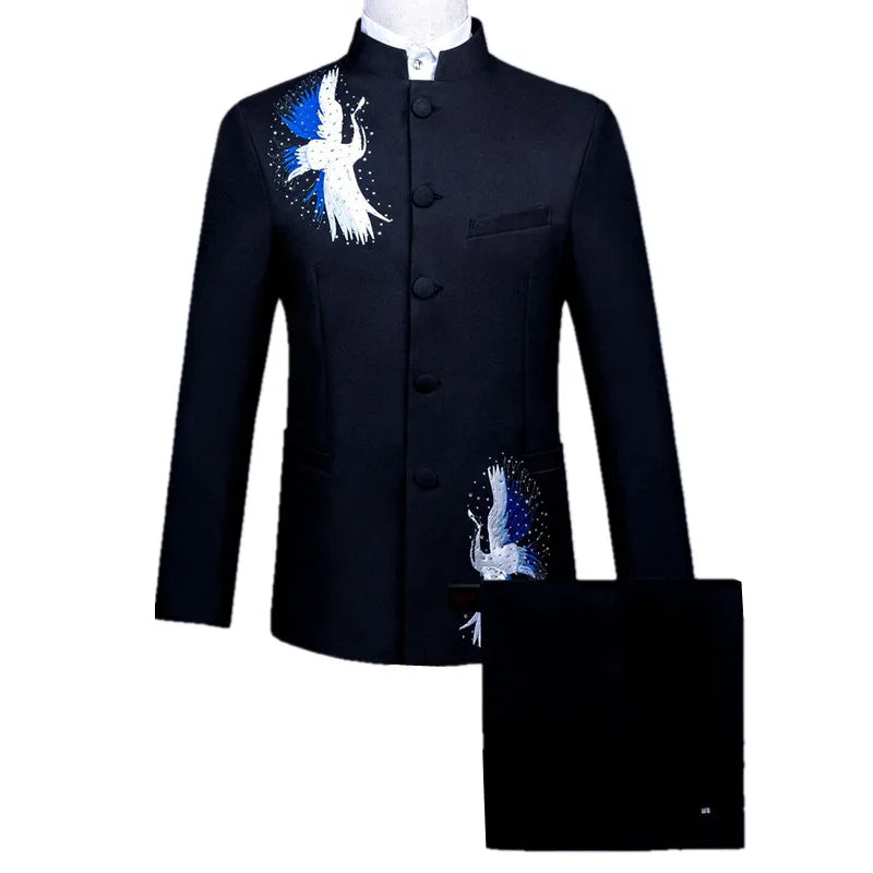 Men's Black Two-Piece Suit Set: a Slim-fit Embroidered Jacket for Weddings and Parties, Paired with Slacks; Asian Sizes.