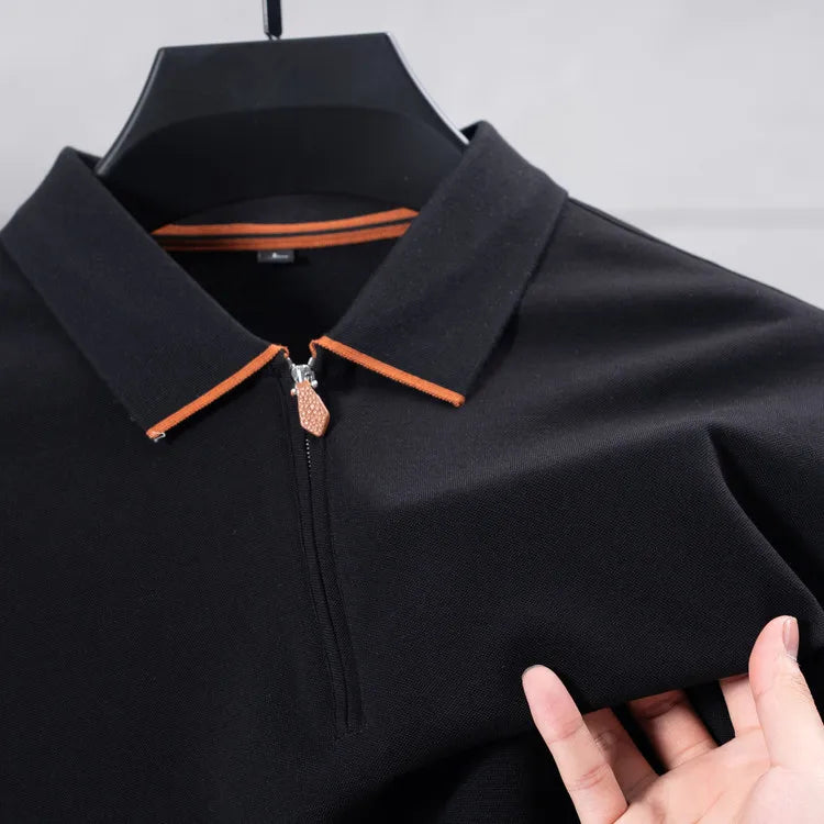Cotton Blend Zip-Up Polo Shirt - Navy Blue with Orange Trim  Moisture-Wicking Athletic Style Business Casual Long-sleeved Shirt
