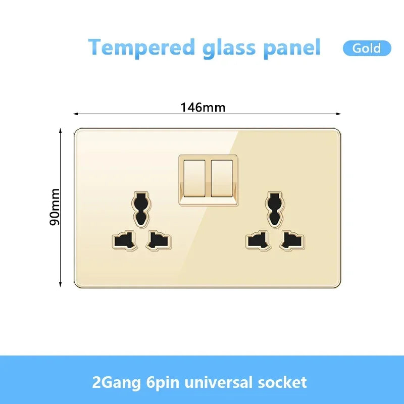 Gold UK 13A Tempered Glass USB Socket Plug,18W Type-C Fast charging Universal 3pin Dual Power Outlet,Wall 2way Light Switch