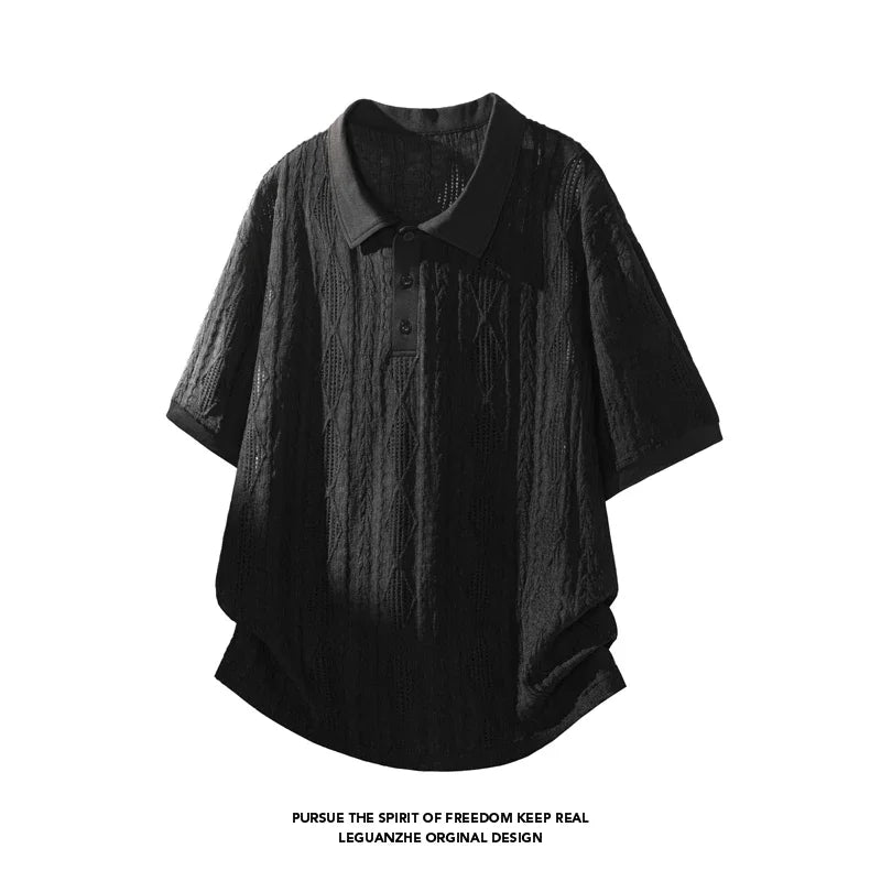 Men Lapel Collar Polo Short Sleeve Top Rhombus Jacquard Weave Partial Button Closure For Youth Casual Street Fashion Style