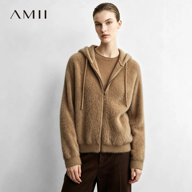 Amii Women's Hooded Zip Knit Cardigan Oversized Long Sleeve Mink Blend Casual Business Top for Women 2026 Autumn 12613025