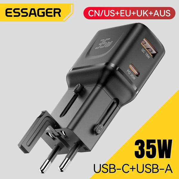 Essager 35W GaN International Travel Adapter Dual Port Charger for Xiaomi Samsung IPhone16 15 Pro Max for US/CN EU UK AUS Travel