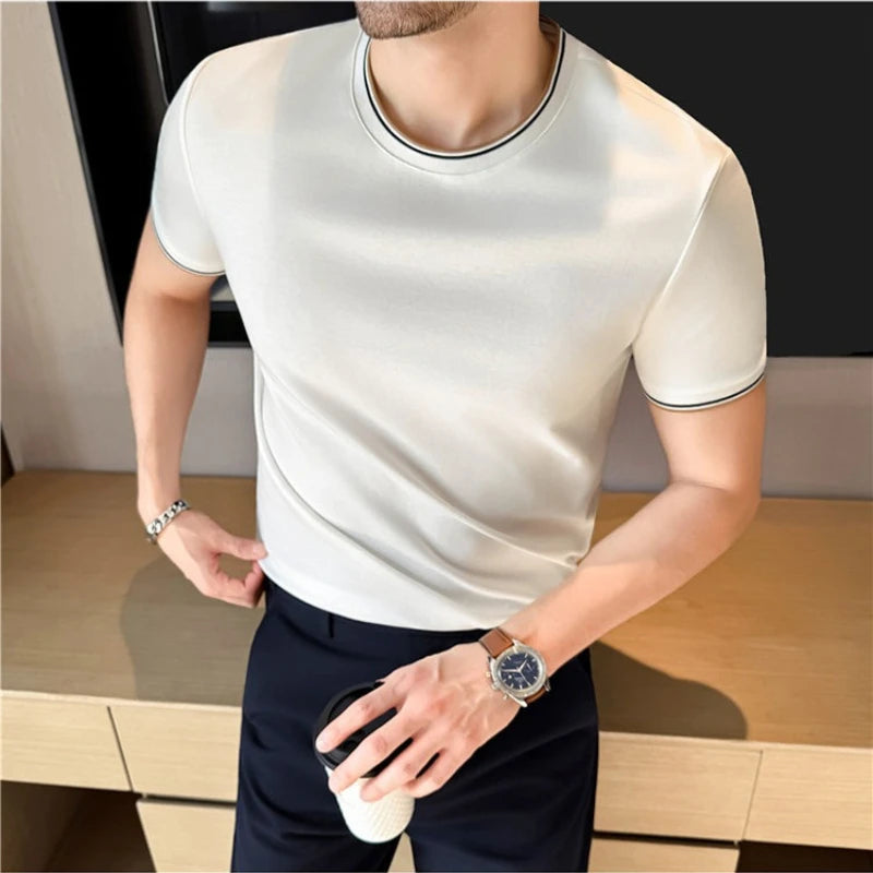 Men's 7A Antibacterial Color-Blocked Rib Mock Two-Piece T-Shirt | Liquid Ammonia Cotton, Business Casual Basic