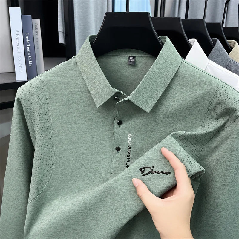 Luxury Men Long-Sleeve Polo Shirt Lapel Button Letter Print Breathable Autumn Winter New Leisure Sports Versatile Men's Clothing