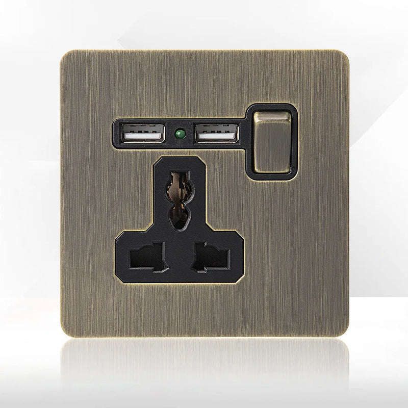Retro Metal Brushed Antique Stainless Steel Push Button Switch Panel UK 13A Socket with USB Phone Charging for Home Improvement