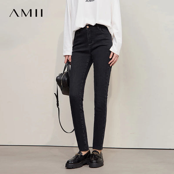 AMII Women's Jeans 2026 Winter New Slim Cotton Warm Versatile Women Denim Pants Solid Black Retro Casual Ladies Pants 12544116