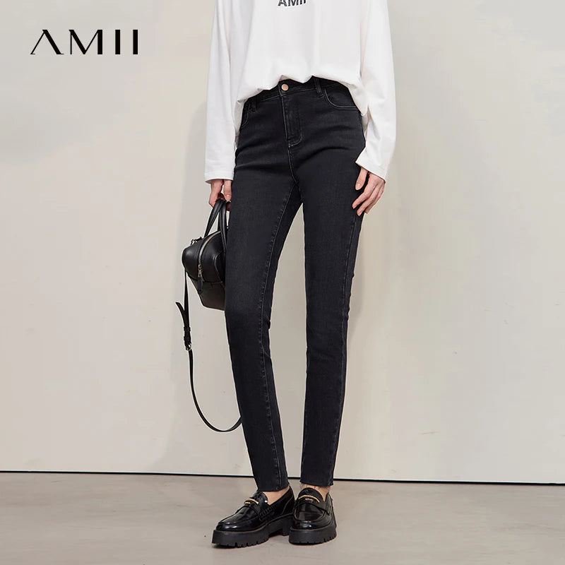 AMII Women's Jeans 2026 Winter New Slim Cotton Warm Versatile Women Denim Pants Solid Black Retro Casual Ladies Pants 12544116