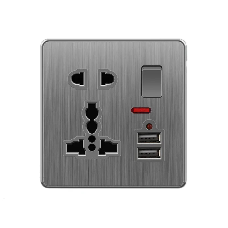 Nordic style large tilt plate grey 13A British standard electrical switch socket, universal wall dual socket with USB port 2.1A