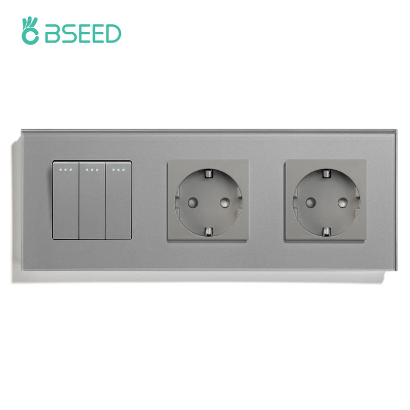 BSEED Mechanical Wall Button Switch 1/2/3Gang 1Way With Wall Power Socket Glass Frame USB Type-C Charge Port Home Improvement