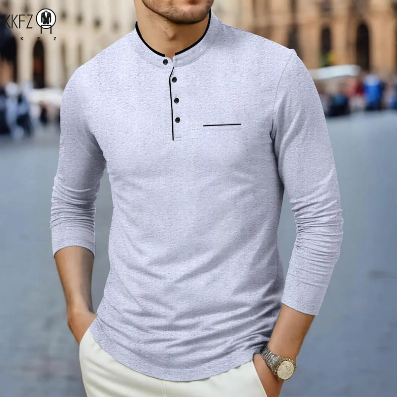 Men's Korean Style Business Casual Long Sleeve T-Shirt Three Button Stand-up Collar Comfortable Versatile Top for Men