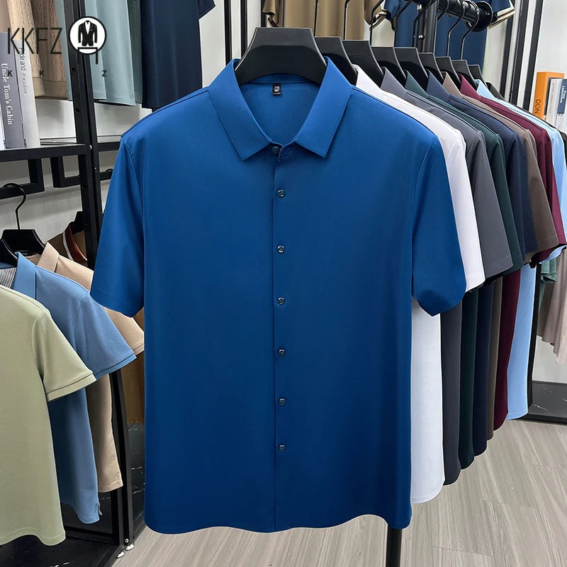 Men Short Sleeve Button Up Shirt Casual Ice Silk Business Formal Shirt Breathable Wrinkle Free Summer Top