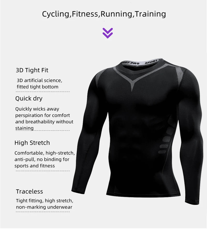Men's Long Sleeve Compression T-Shirt Quick Dry Tight Fitness Top Winter Sportswear for Gym Running Jogging Training Athletic
