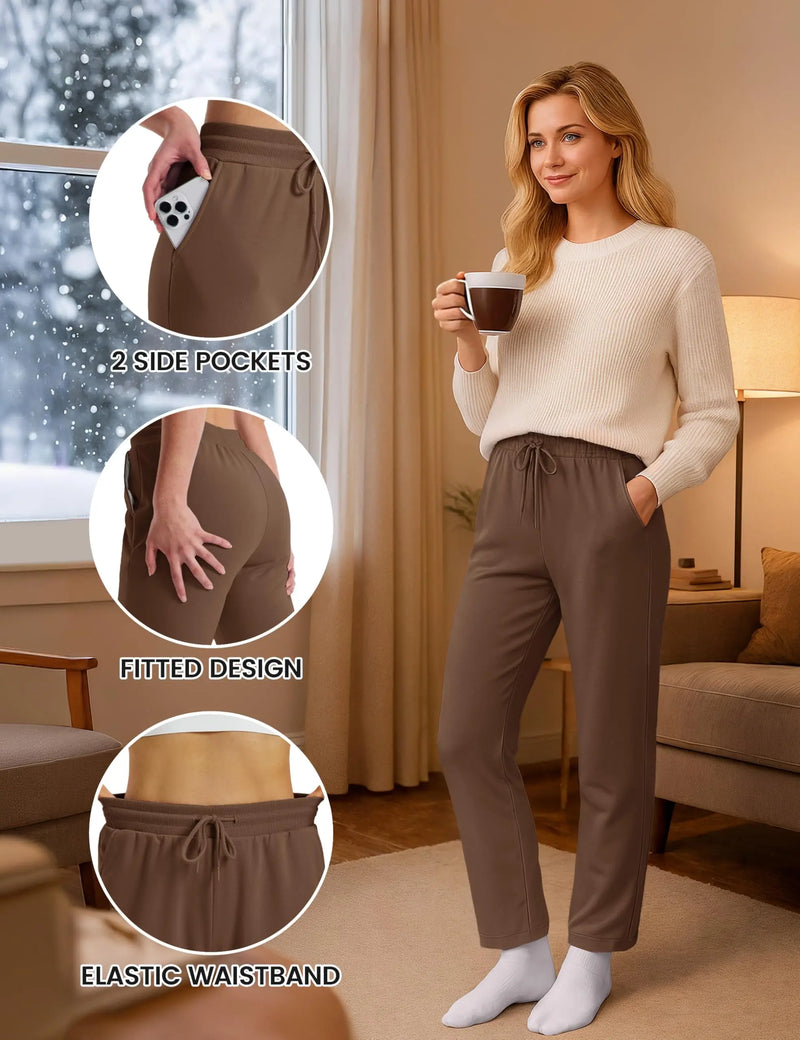 TACVASEN Women's Winter Fleece Sherpa Lined Pants Cotton-Polyester Straight-Leg Trousers with Drawstring Waist and 2 Pockets