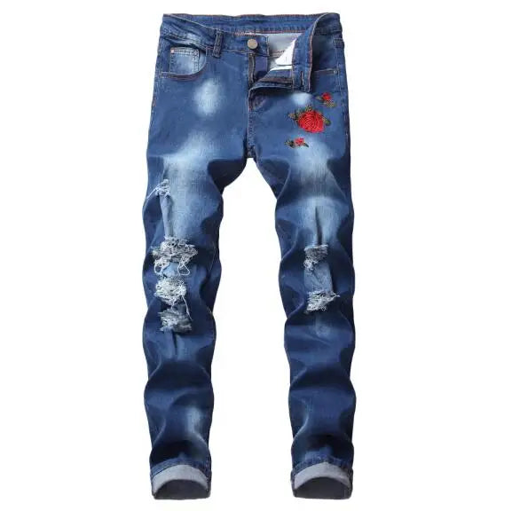 Men's Red Rose Embroidered Jeans, Black Blue Stretch Pants for Men White Fashion Pantalon Hole Decoration Male Slacks 28-42
