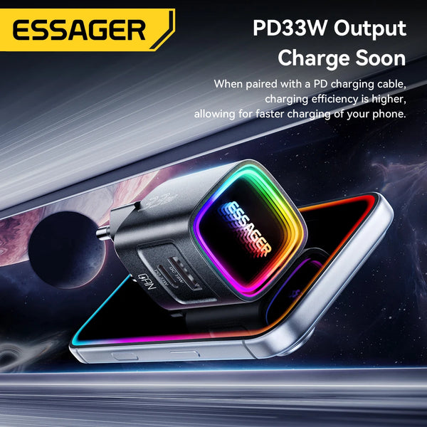 ឆ្នាំងសាក Essager GaN 33W USB Type C ឆ្នាំងសាកចល័ត PD លឿនសម្រាប់ iPhone 17 16 15 14 Pro Max iPad Xiaomi Samsung S25 ឆ្នាំងសាក RGB