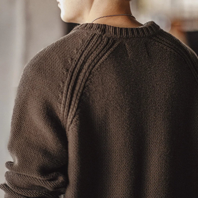 Maden New Vintage Heavyweight Knitted Crew-neck Sweater Brown Warm Pullover Men's Versatile Top for Autumn and Winter Knitwear