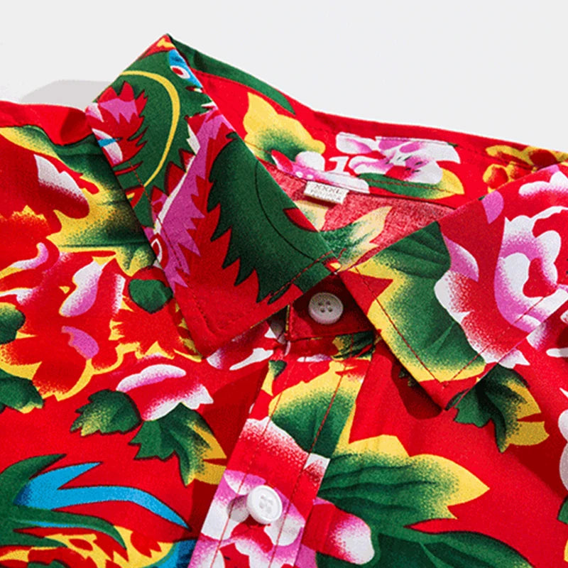 2026 Men's Red Printed Long Sleeve Shirts, Single-Breasted Square Collar Shirt, Chinese Nostalgia Style Tops Camisa Male Chemise