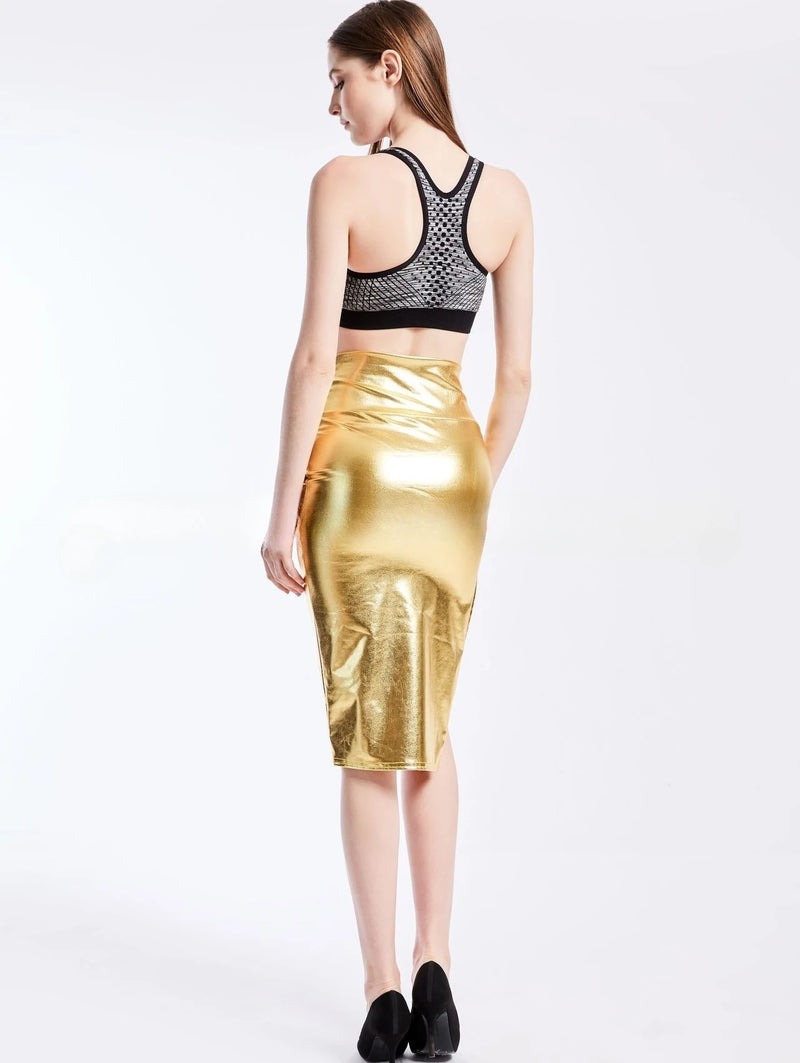Gold Women's Shiny Knee-length Skirt, Asian Sizes, Available in Blue, Silver, and Black.