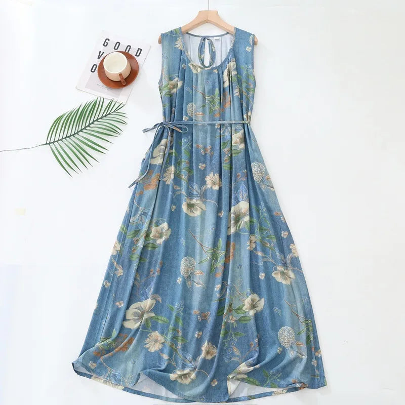 Spring Summer New Literary Artistic Style Large Size Women's Clothing Cotton Silk Printing Night Dress Lady Home Nightgowns